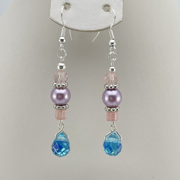 Artisan Jewelry - Silver Tone Blue Pink Purple Glass Beaded Dangle Earrings Faux Pearl Teardrop